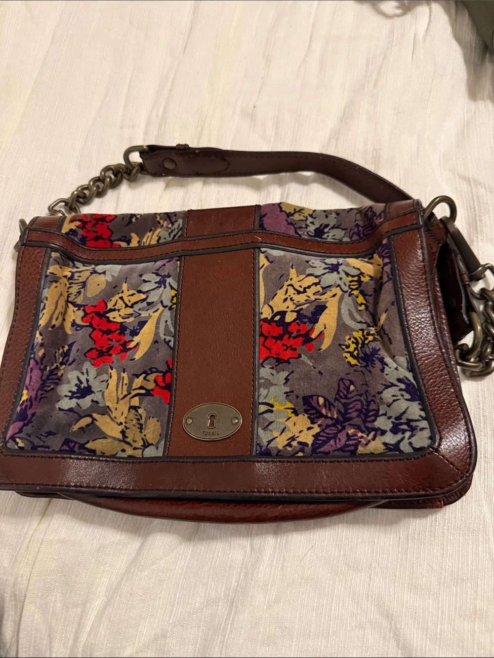 Fossil Brown Leather Shoulder Bag with Purple & Yellow Floral Panels - Picture 6 of 6